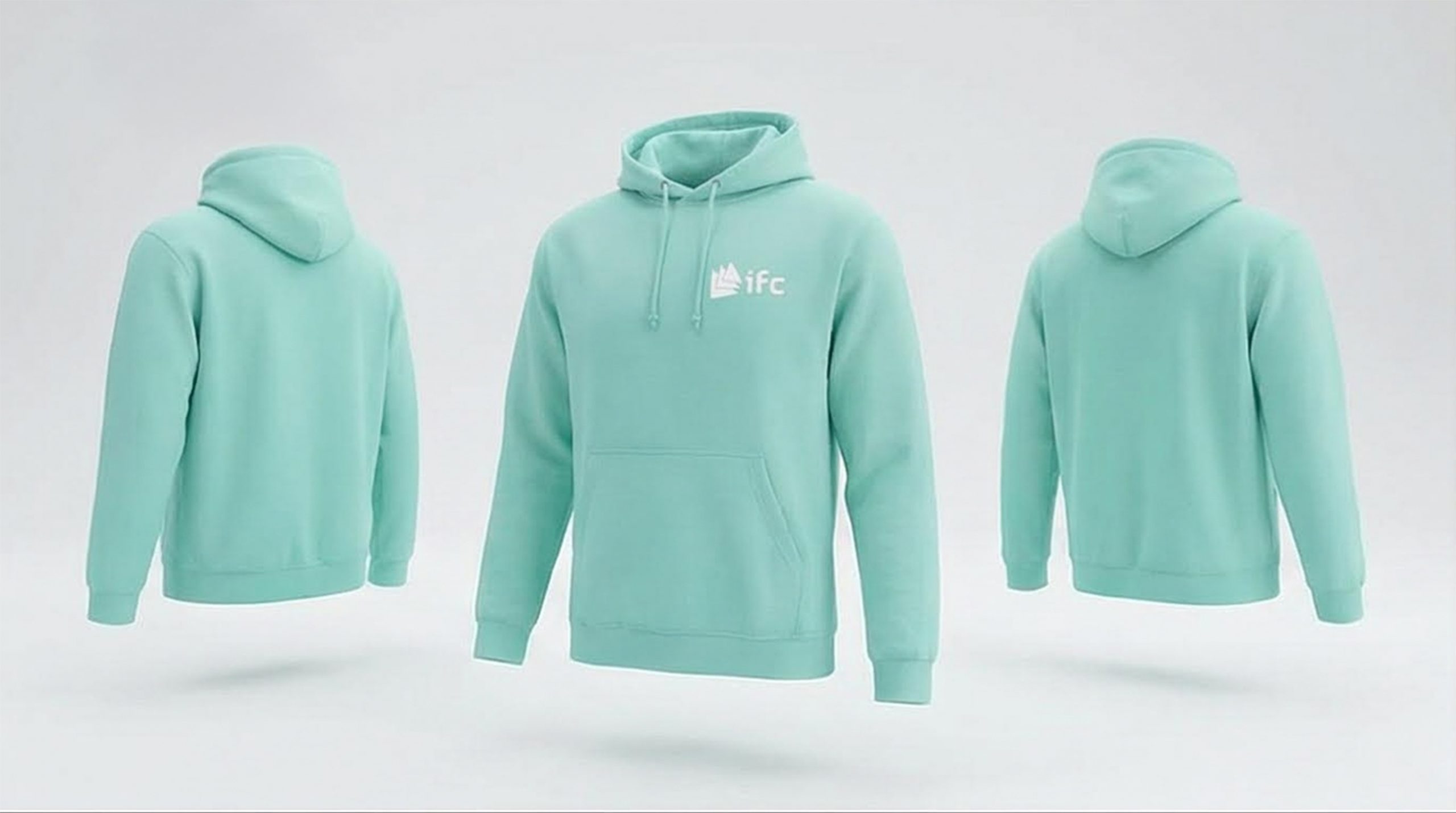 Sweat à capuche IFC vert menthe Peppermint avec logo blanc poitrine, vue face dos et profil sur fond clair