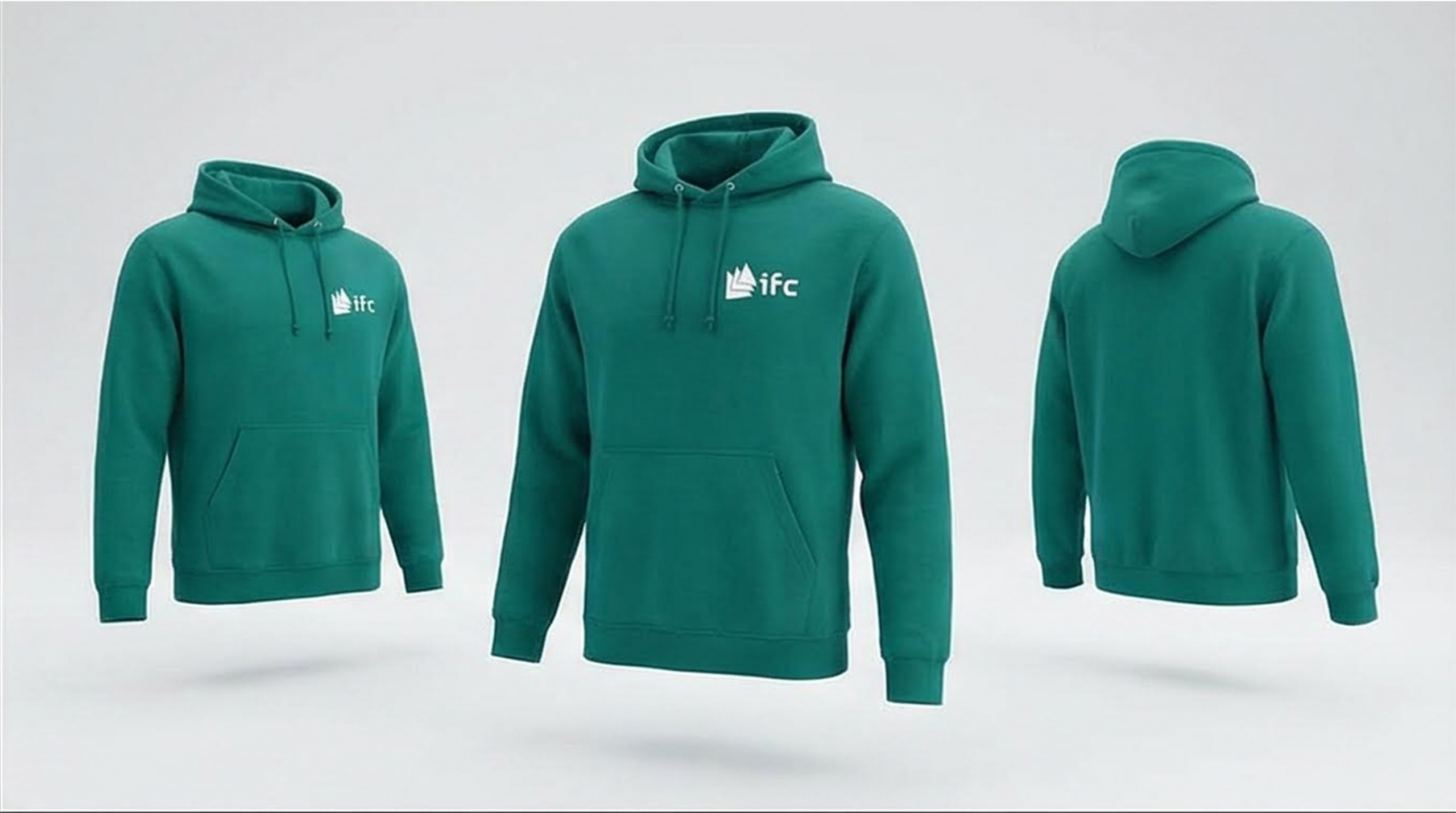 Sweat à capuche IFC vert Jade avec logo blanc poitrine, vue face dos et profil sur fond clair