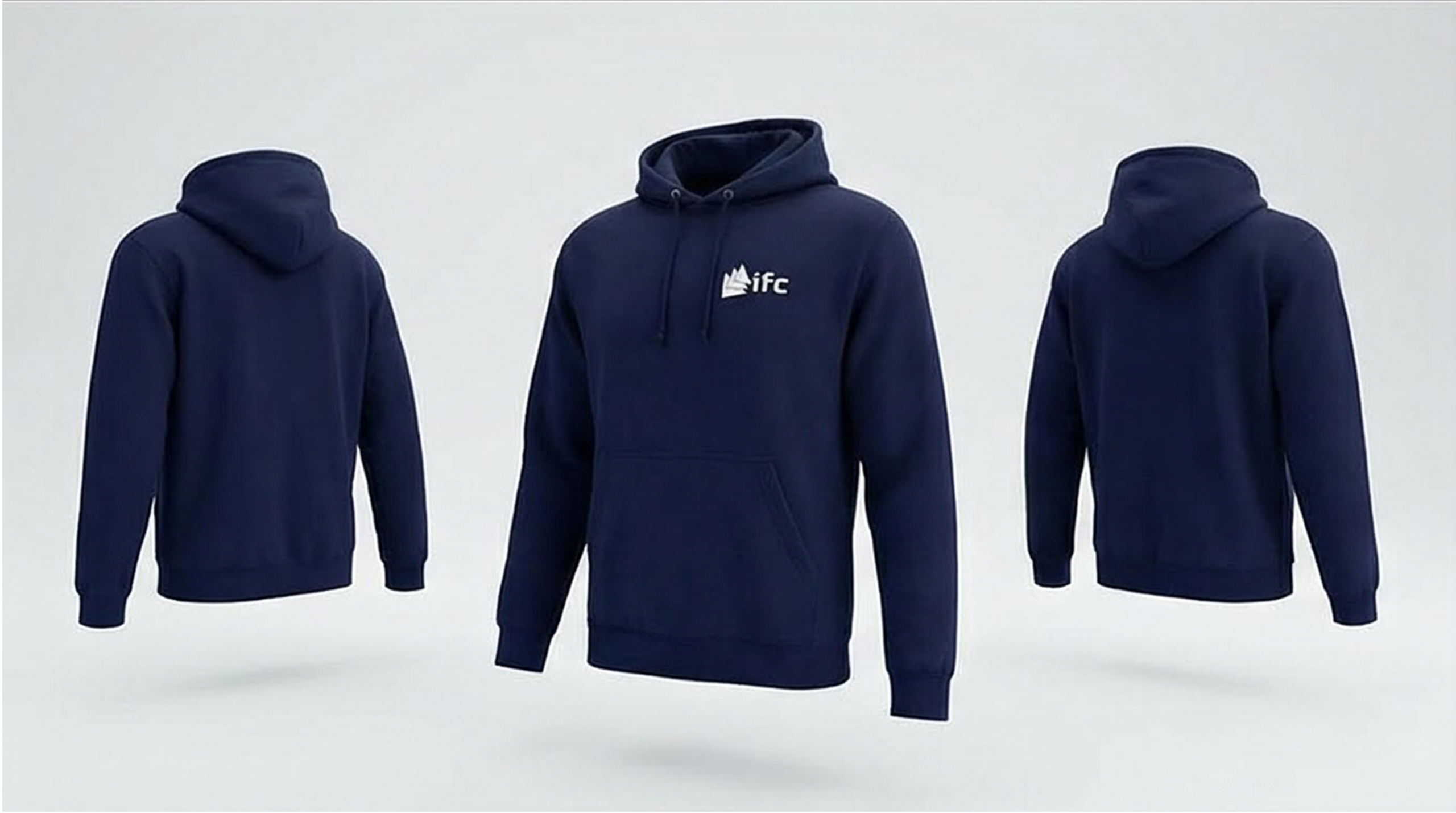 Sweat à capuche IFC bleu marine Navy avec logo blanc poitrine, vue face dos et profil sur fond clair