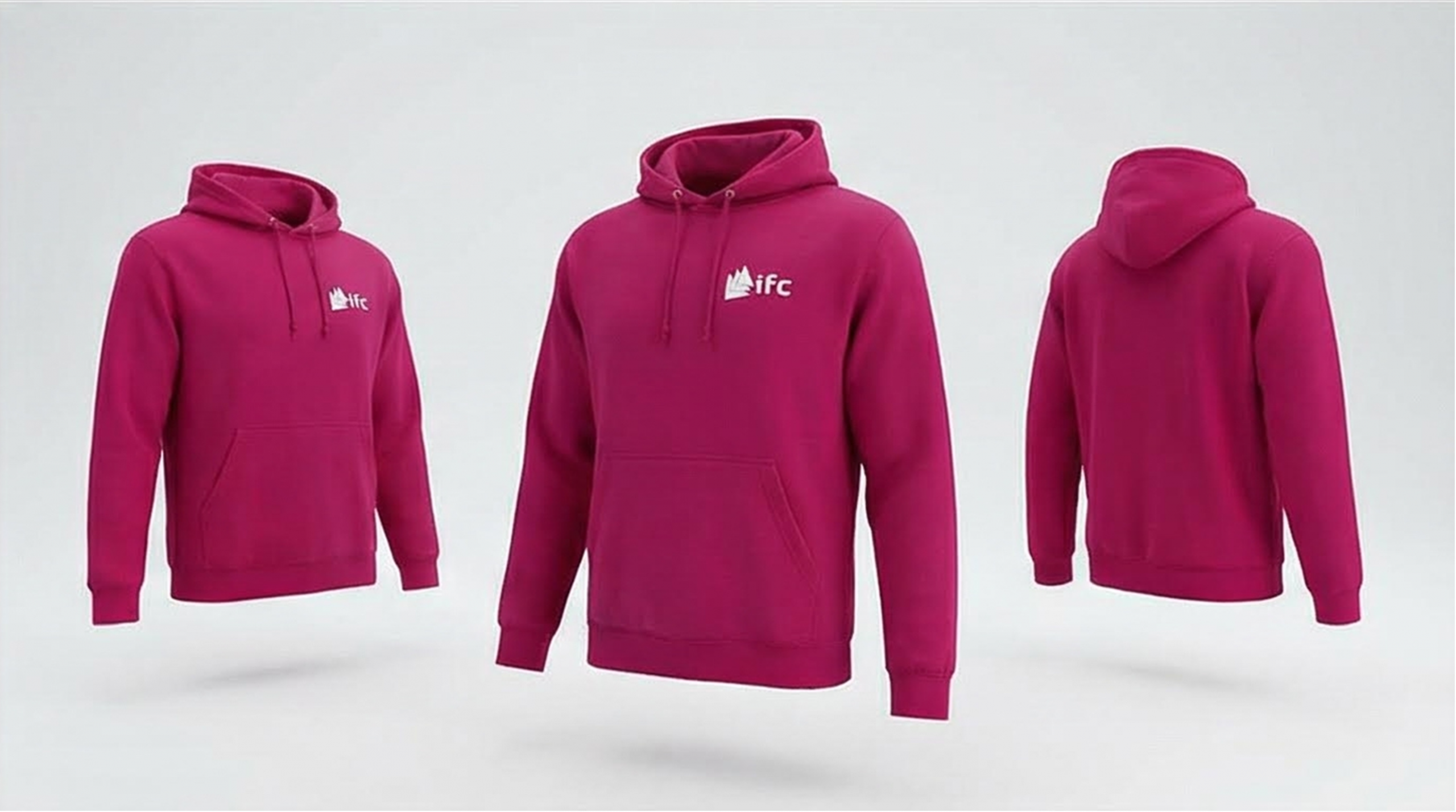 Sweat à capuche IFC rose Hot Pink avec logo blanc poitrine, vue face dos et profil sur fond clair