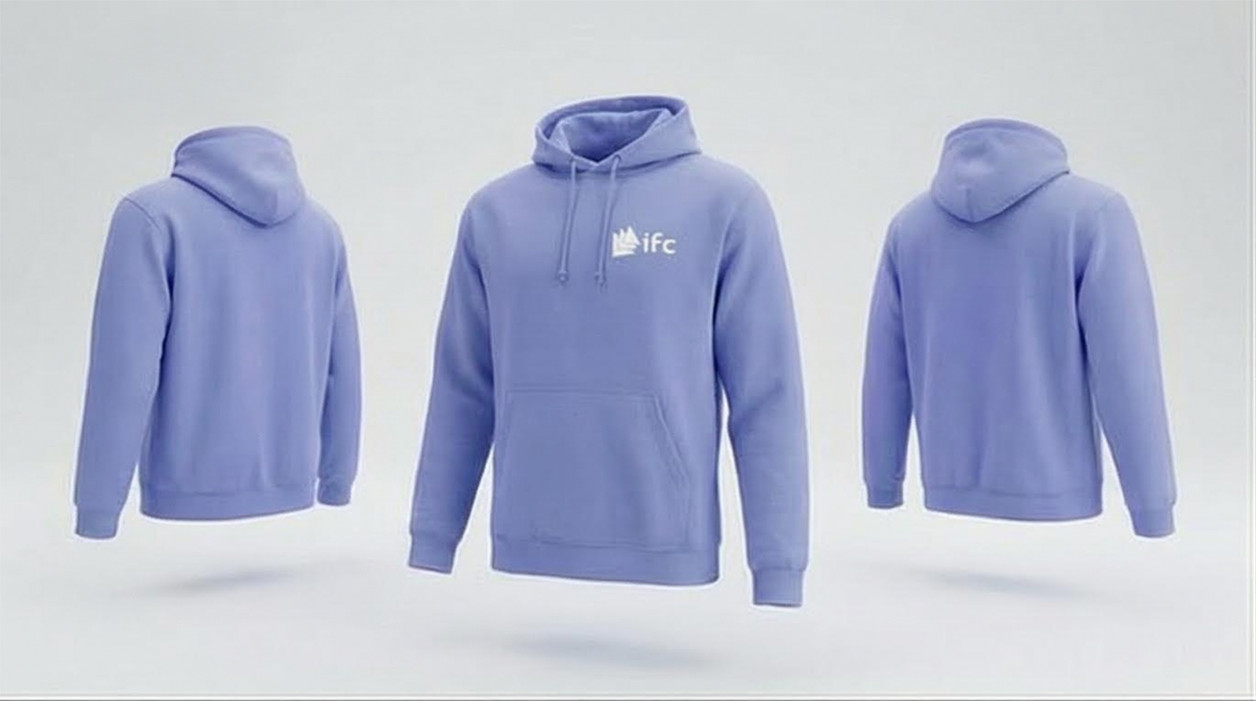 Sweat à capuche IFC violet True Violet avec logo blanc poitrine, vue face dos et profil sur fond clair